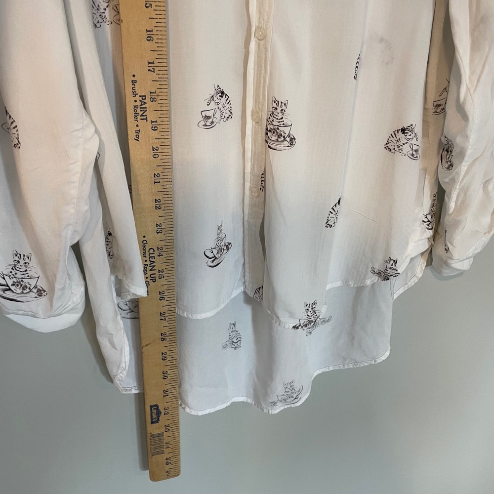 Jane Delancey White Cat Teacup Blouse XL High Low Roll Cuff 3/4 Sleeve Button - Picture 4 of 9
